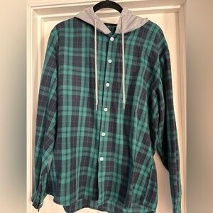 Green and Black Plaid flannel Hoodie Shirt